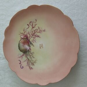 Vintage hand-painted porcelain salad plate pink shell decor monogram France